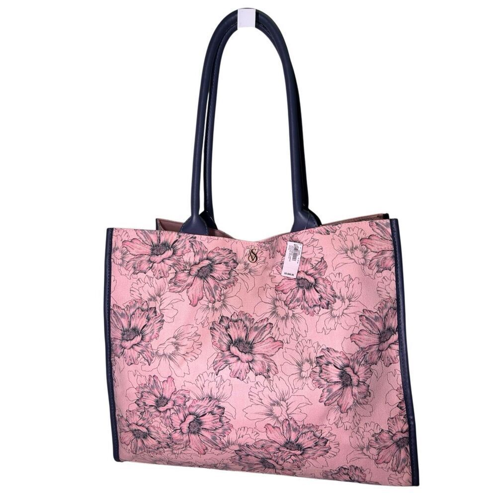 Victoria's Secret Pink Floral Canvas Travel Tote Bag Navy Blue Straps Gold VS Lo - Picture 2 of 8